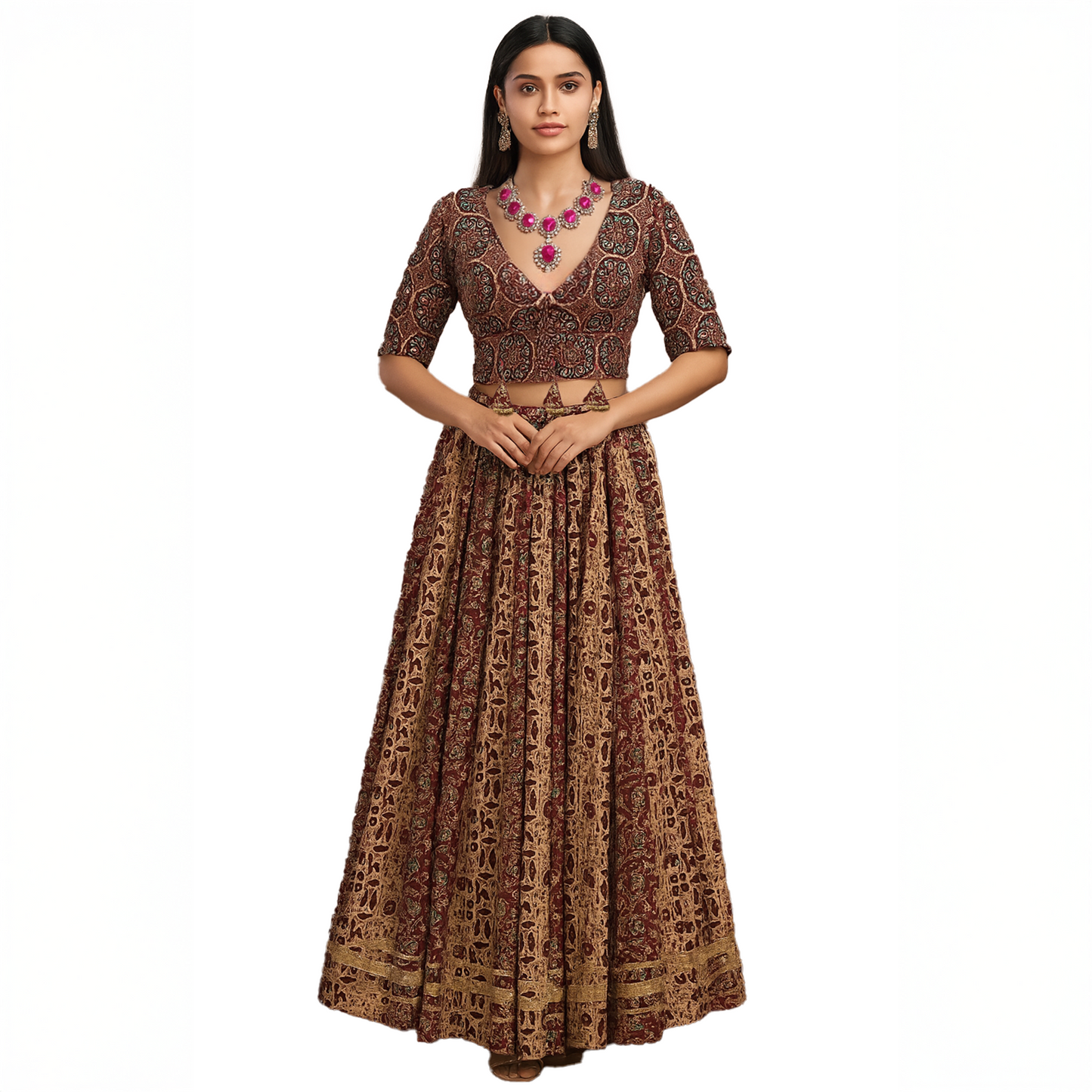 Brown & Gold Embroidered Cotton Lehenga Set with Black Dupatta