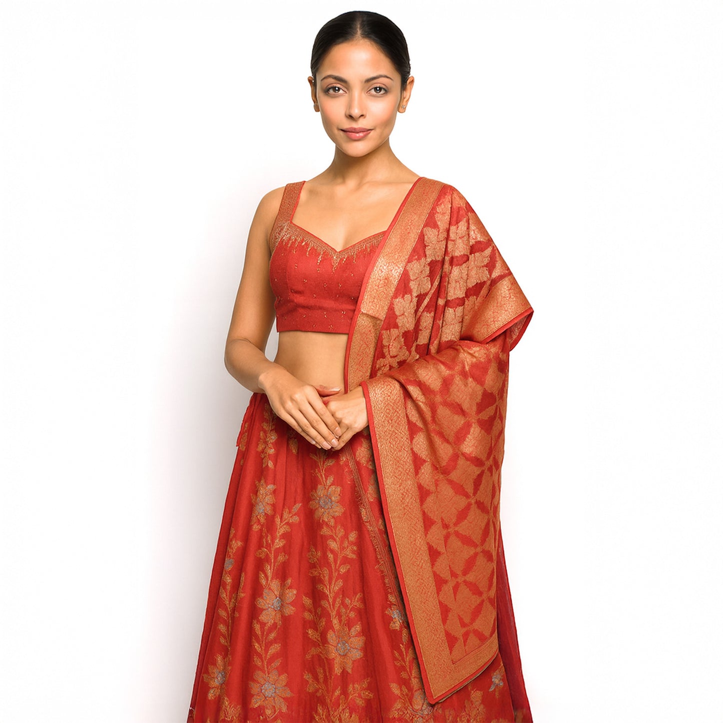 Pre-stitched free size Elegant Red Banarasi Lehenga  Choli in Jari and Brocade Work