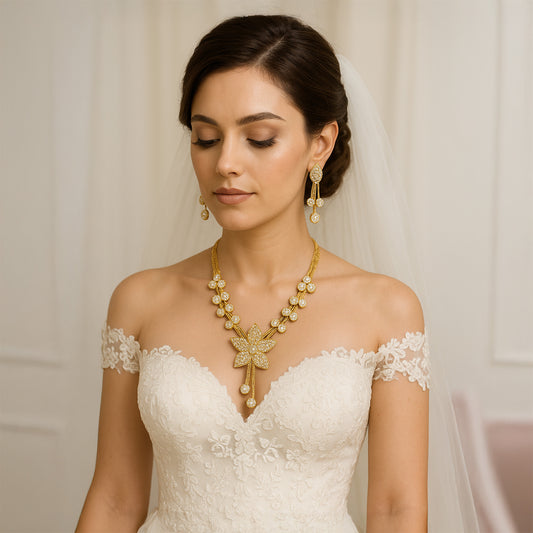 Gold-Tone Floral  Stone Studded Sparkling Necklace  Set