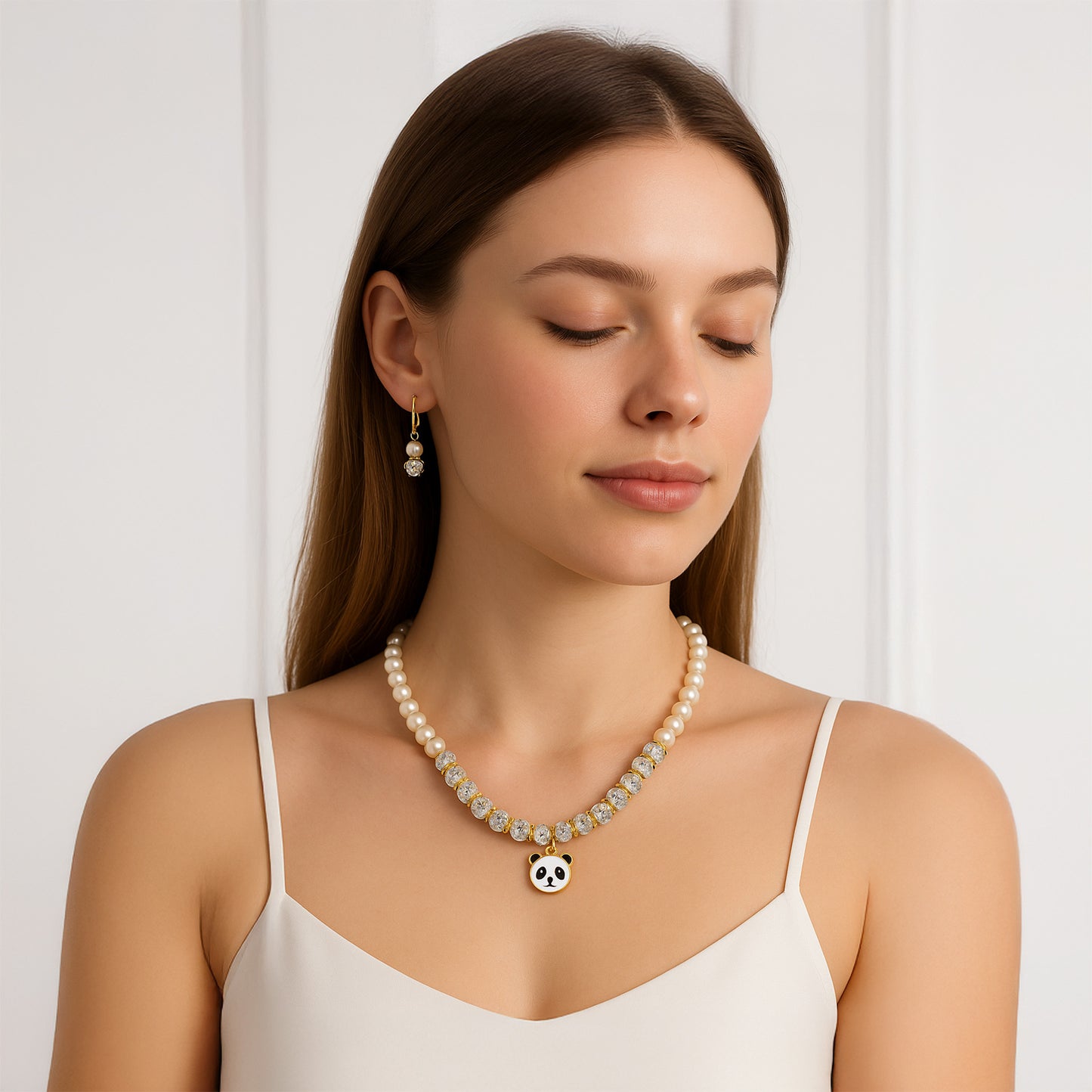 Pearl Necklace and Earrings Set with Panda Charm