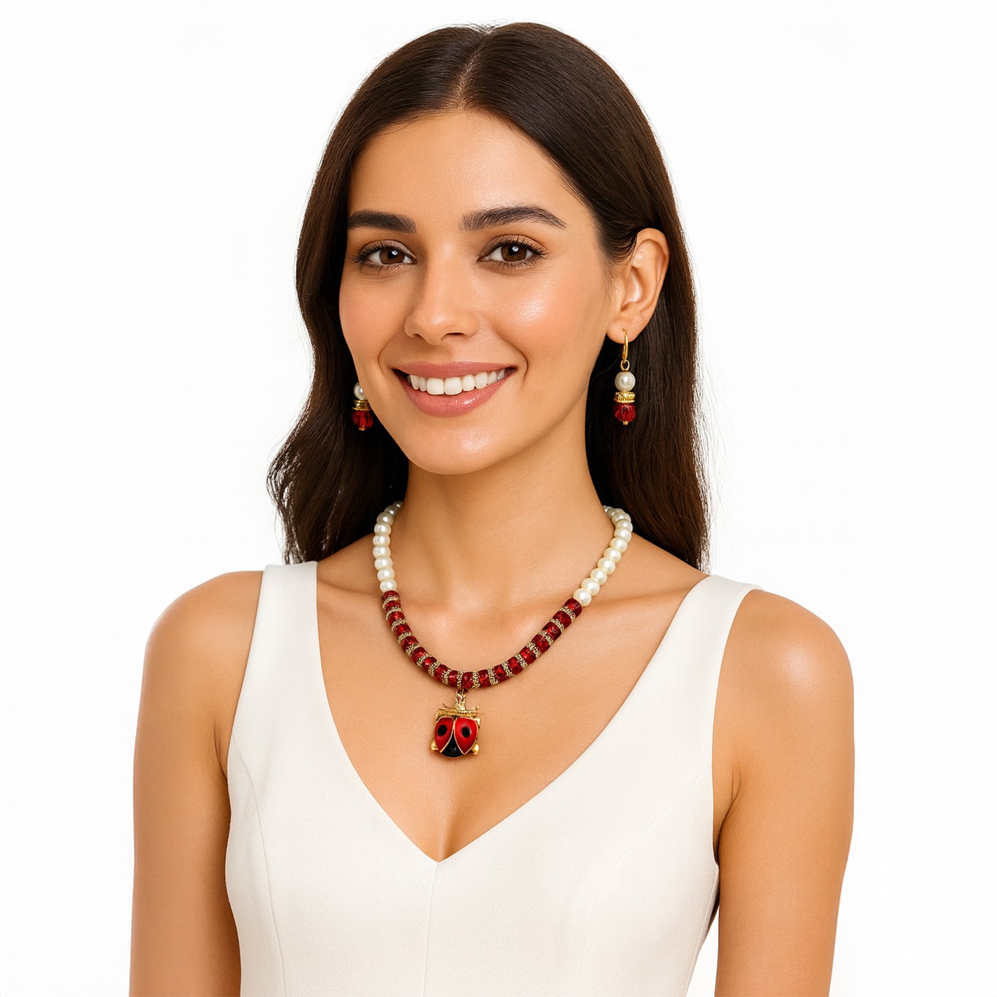 Red Pearl Necklace Set with Ladybug Charm