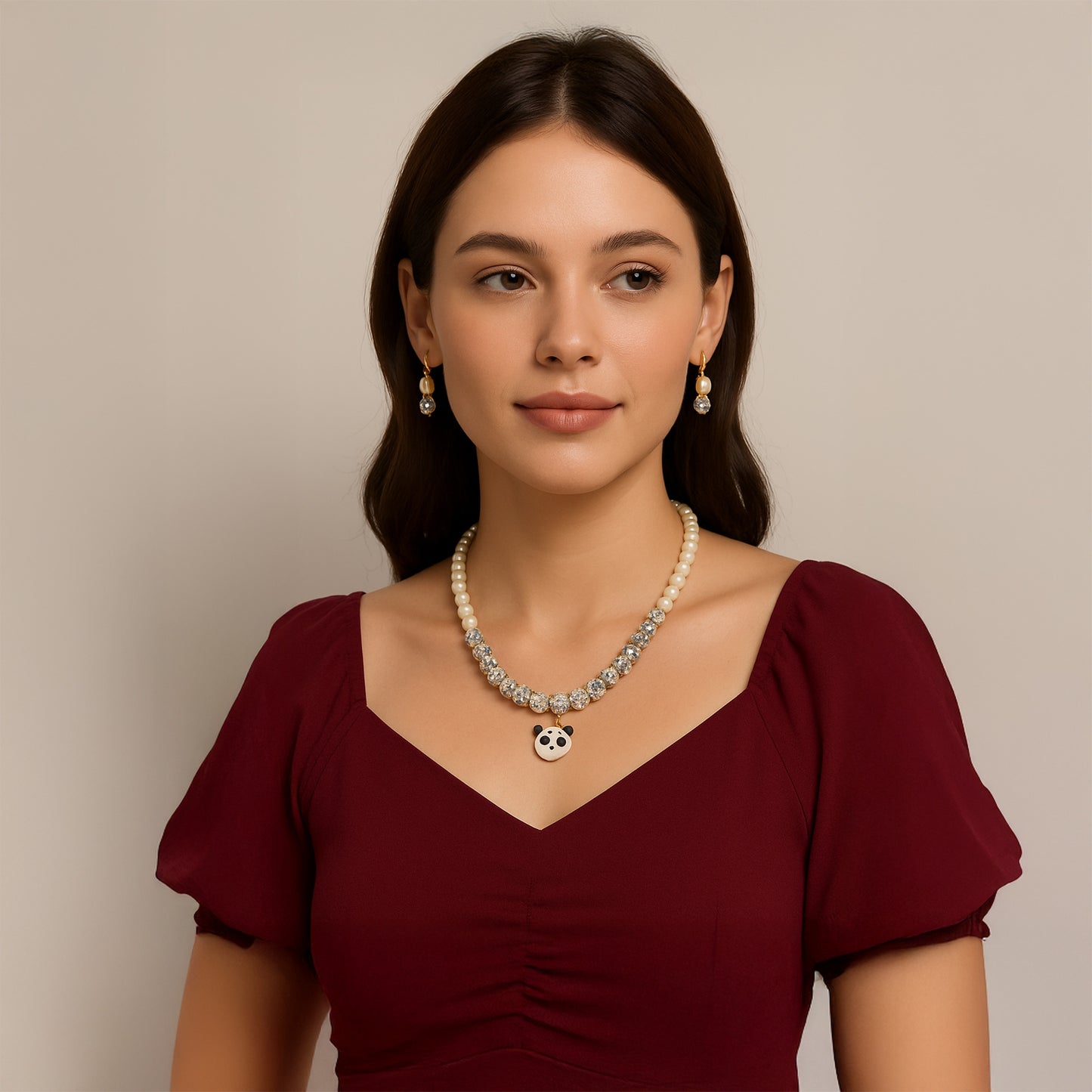 Pearl Necklace and Earrings Set with Panda Charm